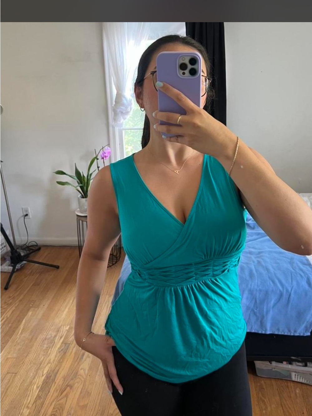 Cable & Gauge Teal Sleeveless V-Neck Ruched Waist Tank